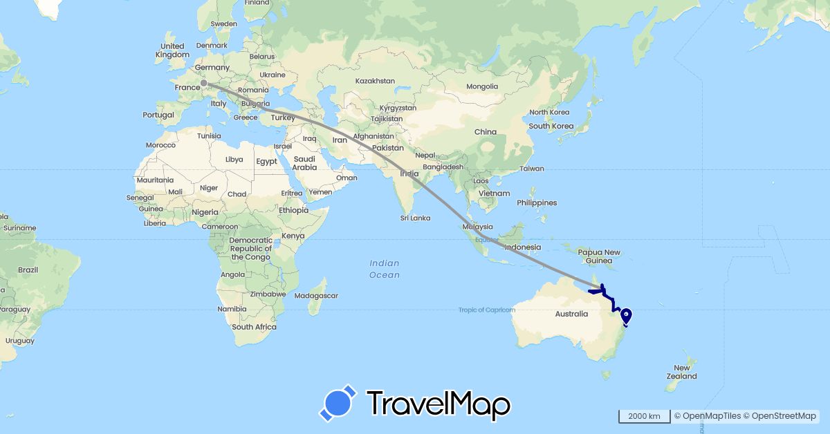 TravelMap itinerary: driving, plane in Australia, France, Singapore, Turkey (Asia, Europe, Oceania)